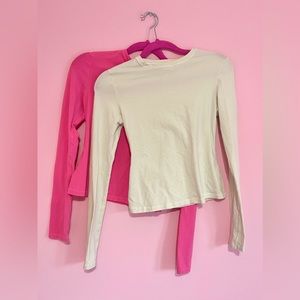 2 SKIMS COTTON JERSEY LONG SLEEVE T SHIRTS - BONE & SUGAR PINK - MEDIUM